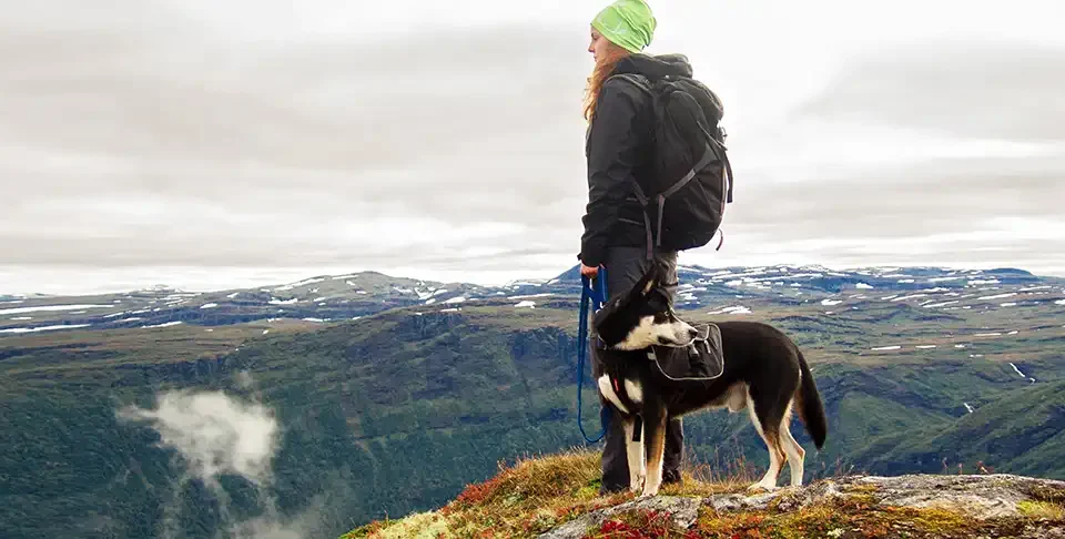 veterinary nurse hiking ith a dog in Norway