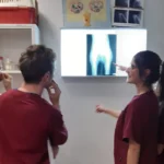 Veterinary nursing in Portugal: Veterinary nurses in red uniforms looking at a canine X-ray image